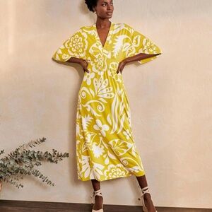 Yellow Floral V-Neck Midi Dress Sz 6R